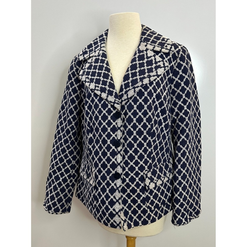 Talbots Diamond Lattice Cotton Blazer Jacket Plus Size 14W Navy White Office - Picture 2 of 13